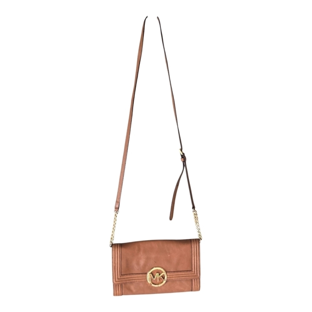 Michael Kors Fulton Brown Leather Crossbody Bag Leather Gold Chain Strap Dustbag - Picture 3 of 16